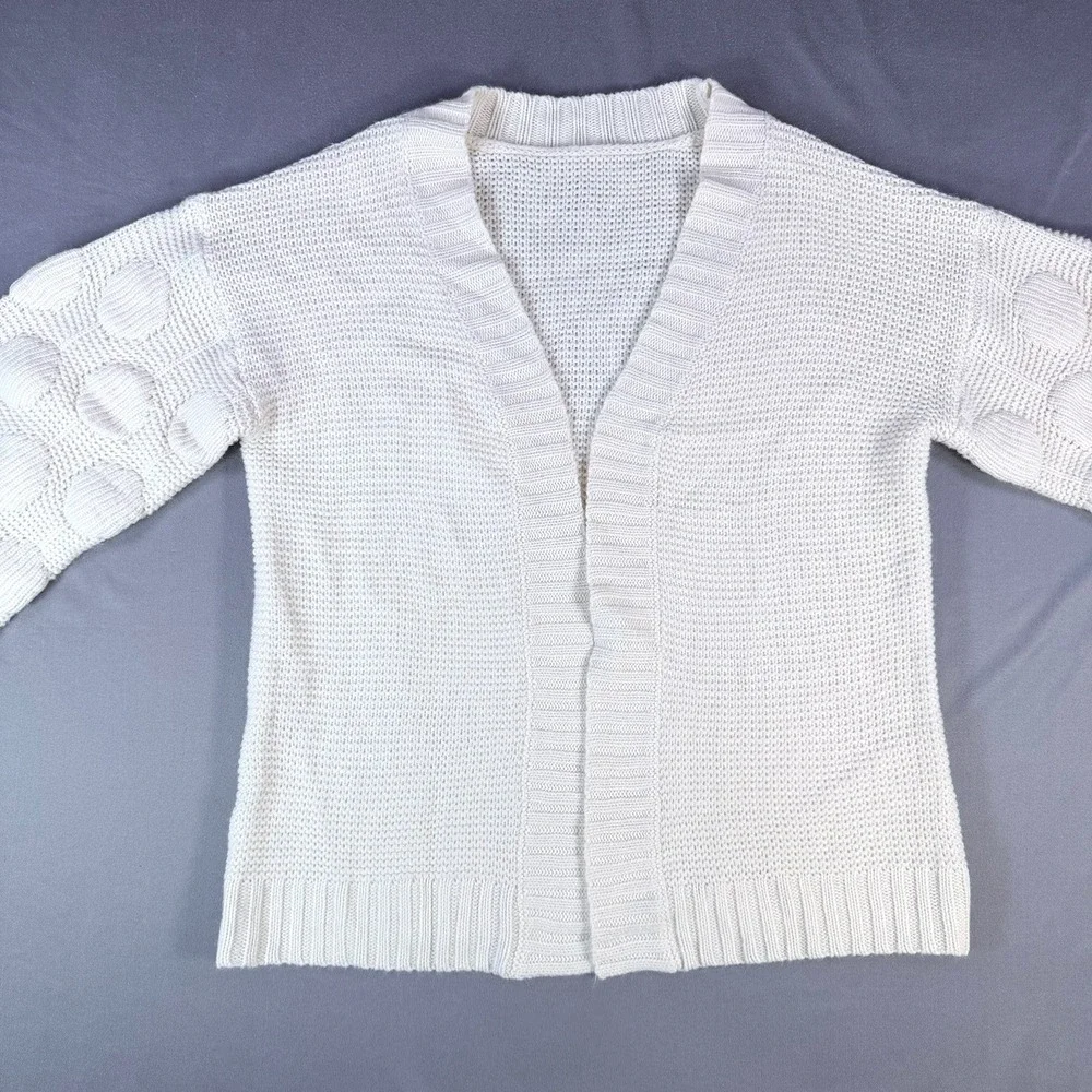 Open Front Cardigan Womens Small Beige Bubble Sleeve Chunky Knit‎ Sweater Casual